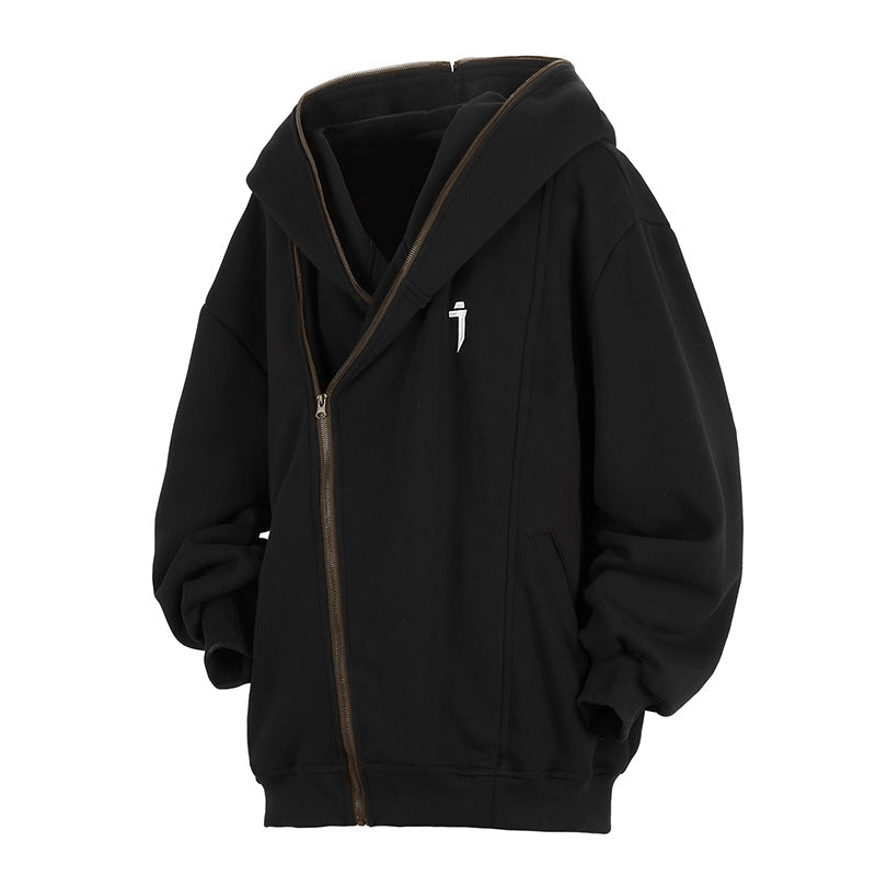 Oblique Zipper Hooded Cardigan Sweater Baggy Coat