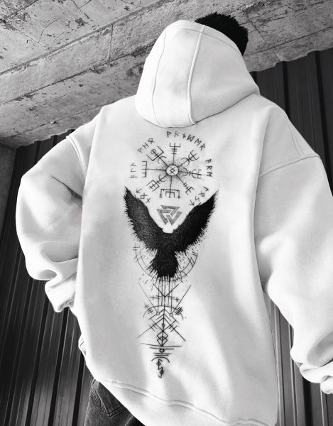 Retro Spell Crow Totem Printed Hoodie