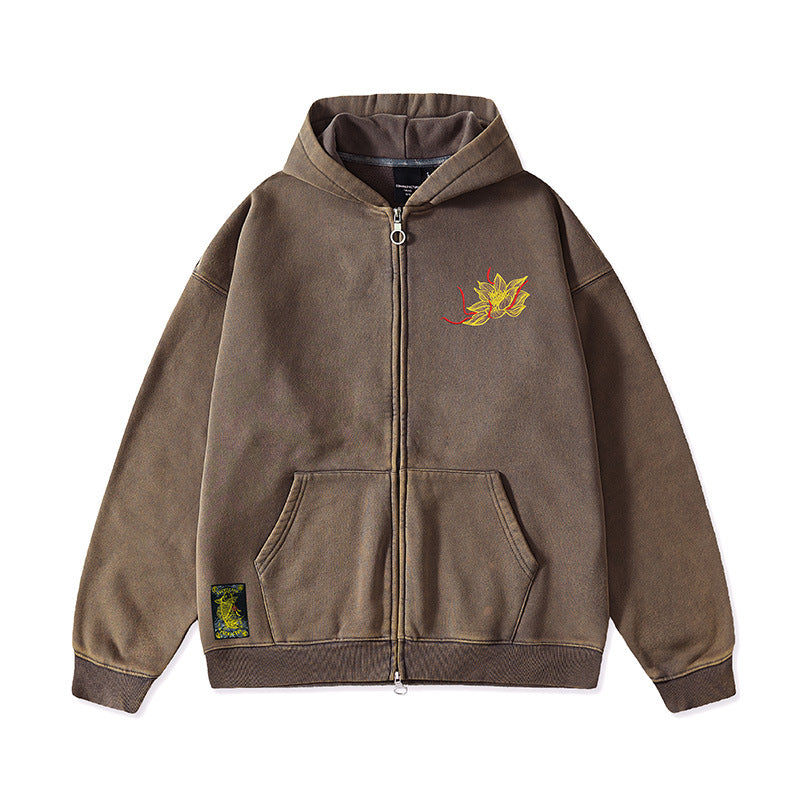 Autumn And Winter Fleece-lined Vintage Style Embroidered Hoodie