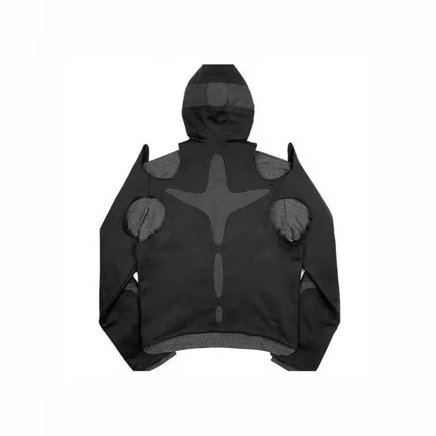 American Street Dark Warrior Style Tooling Long-sleeve Zipper Hooded Patchwork Sweater