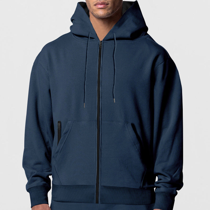 Fall Winter Men's Solid Color Long-sleeve Zipper Hooded Sports Casual Fleece Warm Sweatshirt