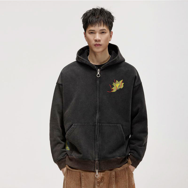 Autumn And Winter Fleece-lined Vintage Style Embroidered Hoodie