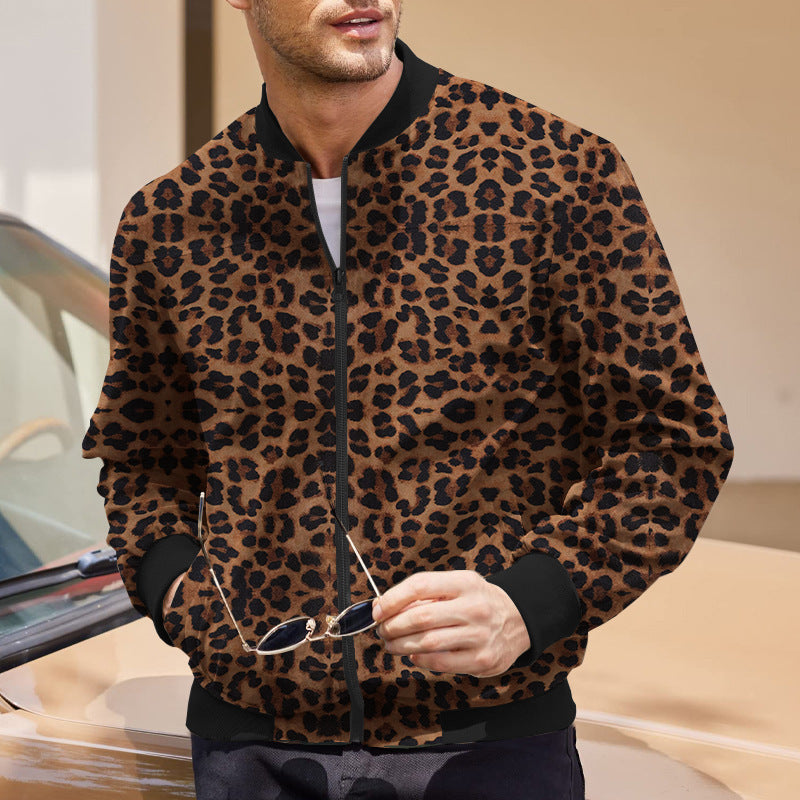 Vintage Leopard Print Pattern Men's Zipper Jacket Fleece-lined Long Sleeve Coat