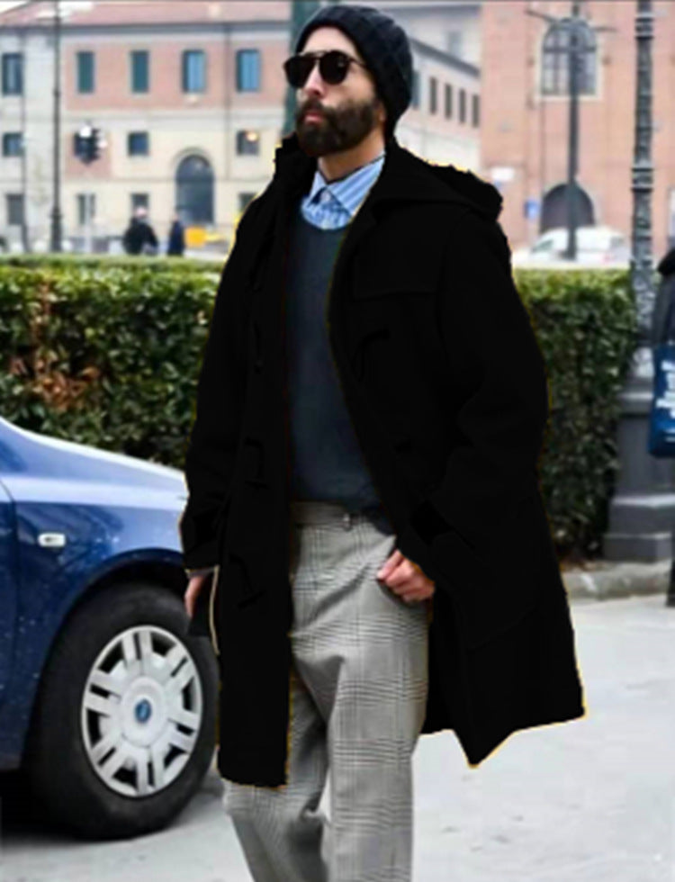 Retro Horn Button Hooded Woolen Trench Coat Men