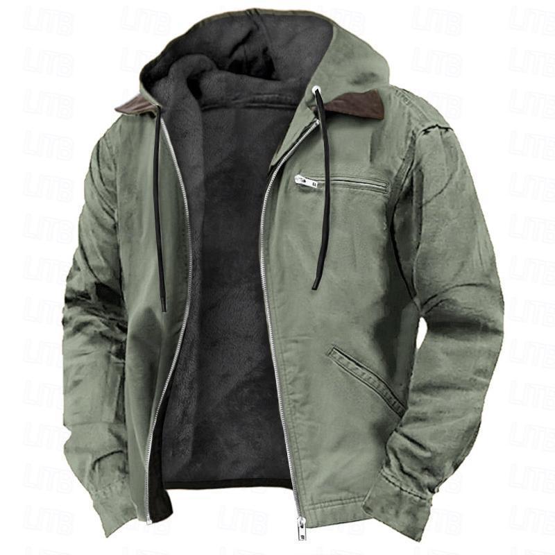 Solid Color Hooded Casual Men's Fleece Zipper Pocket Jacket