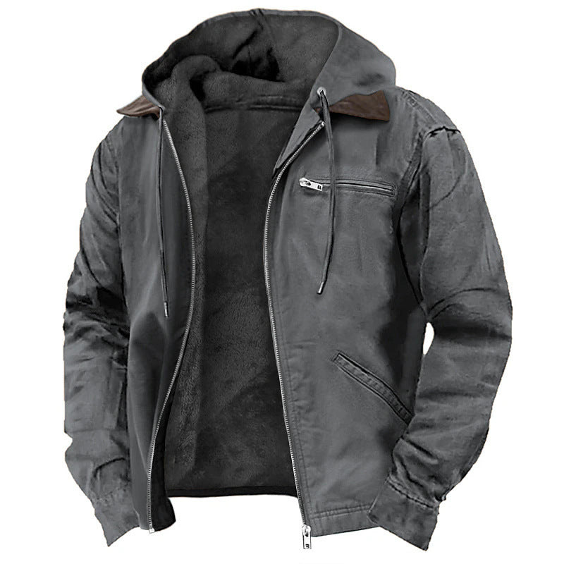 Solid Color Hooded Casual Men's Fleece Zipper Pocket Jacket