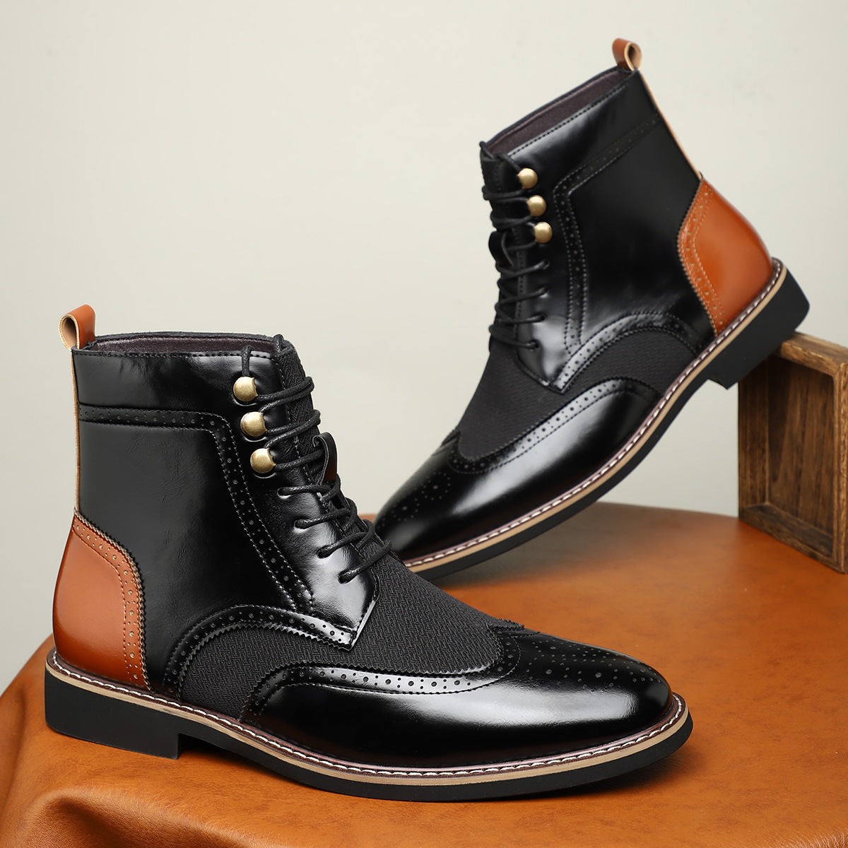British Men's High Top Color Blocked Leather Shoes