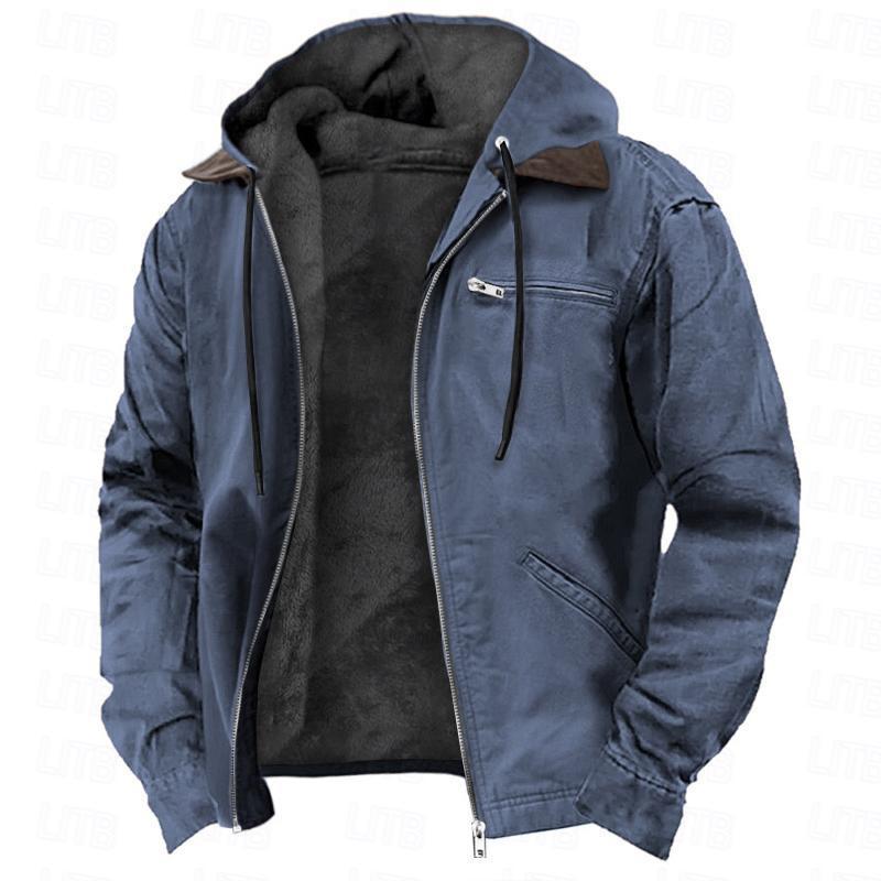Solid Color Hooded Casual Men's Fleece Zipper Pocket Jacket
