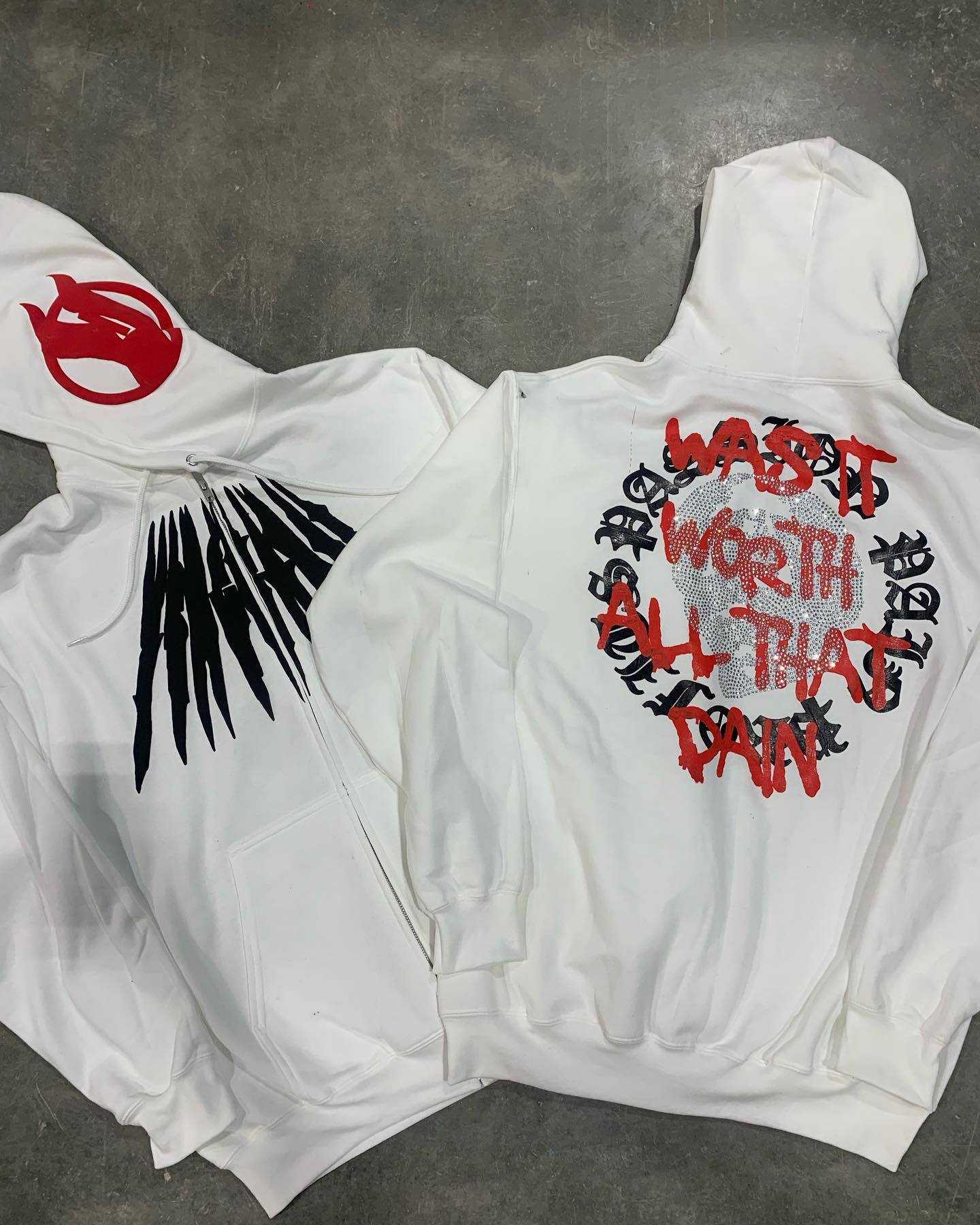 Printed Skull Rhinestone Loose Hooded Sweatshirt