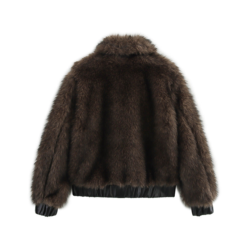 French Plush Leather Stitching Design Versatile Faux Fur Coat