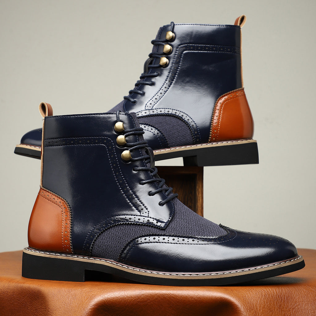 British Men's High Top Color Blocked Leather Shoes