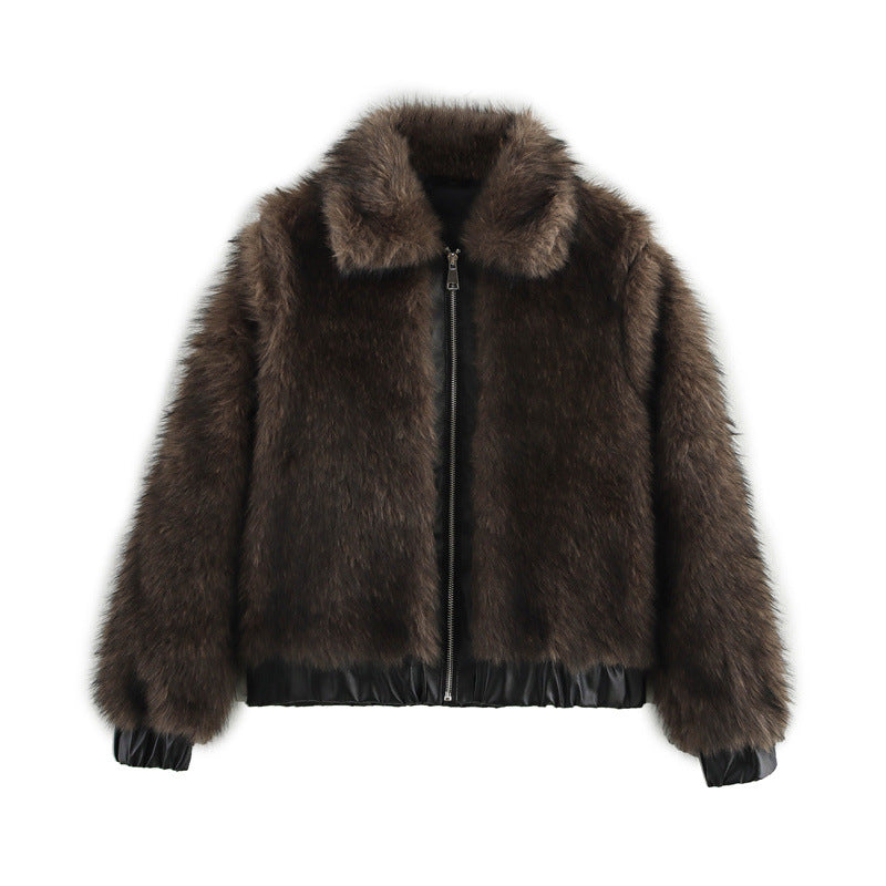 French Plush Leather Stitching Design Versatile Faux Fur Coat
