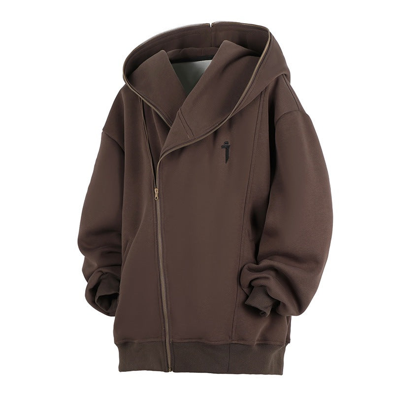Oblique Zipper Hooded Cardigan Sweater Baggy Coat