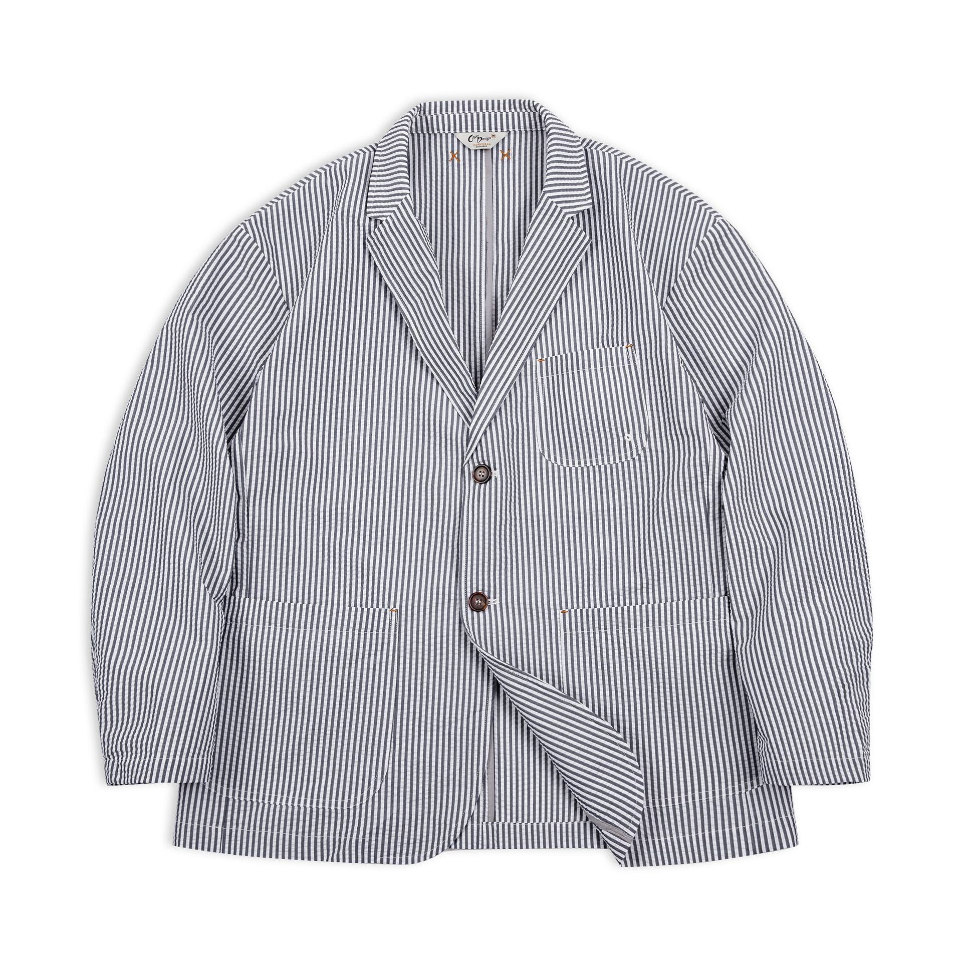 Seersucker Striped Flat Collar Blazer