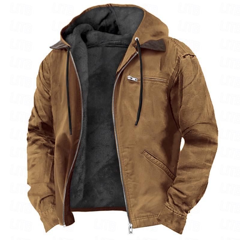 Solid Color Hooded Casual Men's Fleece Zipper Pocket Jacket