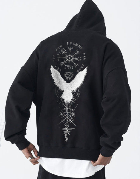 Retro Spell Crow Totem Printed Hoodie