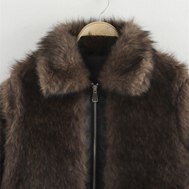 French Plush Leather Stitching Design Versatile Faux Fur Coat