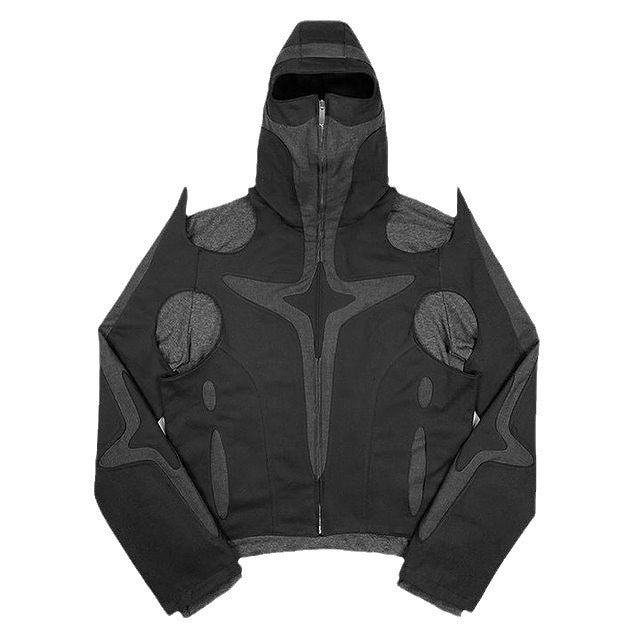 American Street Dark Warrior Style Tooling Long-sleeve Zipper Hooded Patchwork Sweater
