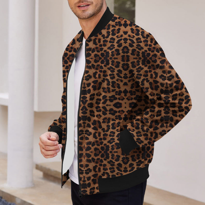 Vintage Leopard Print Pattern Men's Zipper Jacket Fleece-lined Long Sleeve Coat