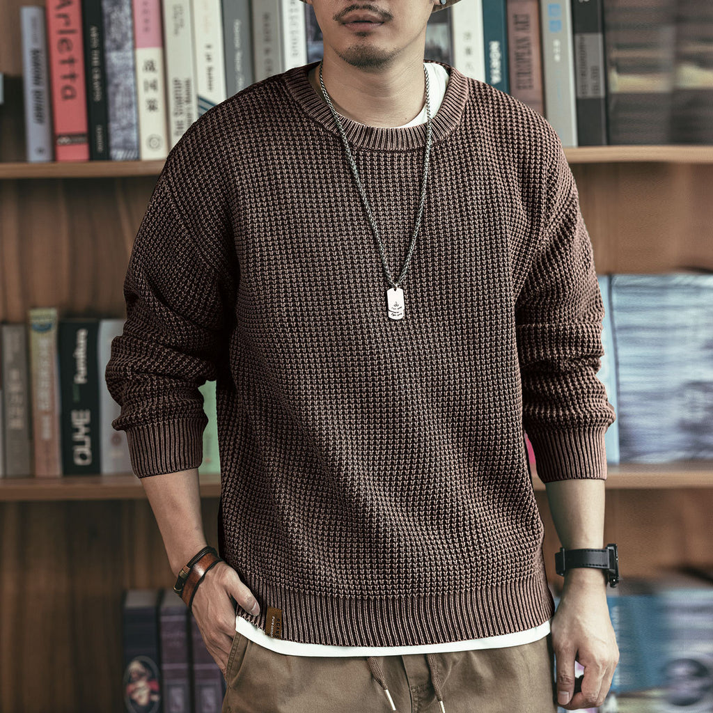 Pineapple Pattern Waffle Thick Needle Washed Round Neck Sweater