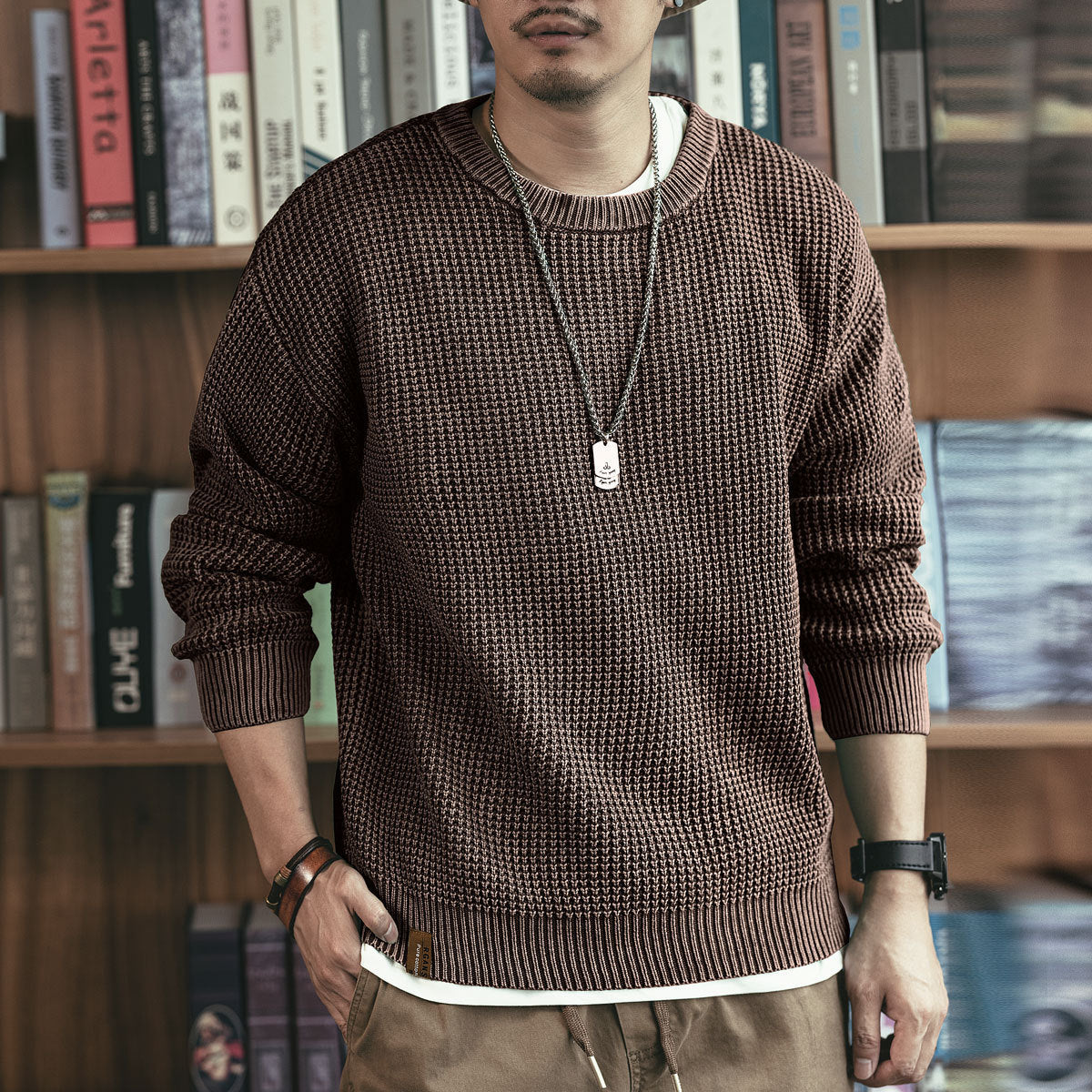 Pineapple Pattern Waffle Thick Needle Washed Round Neck Sweater