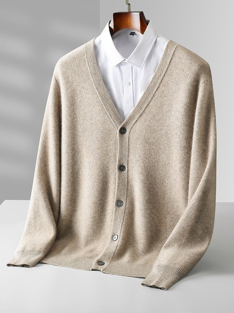 Pure Wool Cardigan Men's V-neck Solid Color Long Sleeve sweater