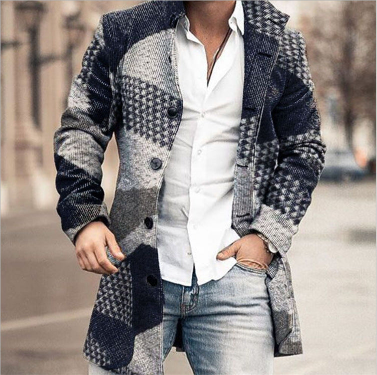 Fall Winter Men Woolen Stand Collar Mid-length trench coat