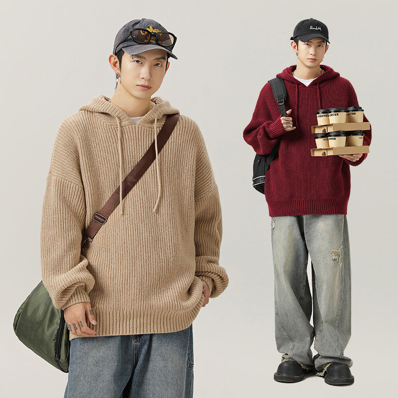 Japanese Loose Solid Color Hooded Idle Style Adjustable sweater