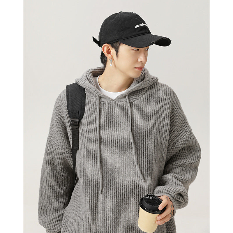 Japanese Loose Solid Color Hooded Idle Style Adjustable sweater