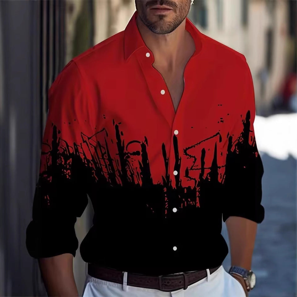 Men's Long Sleeve Palm Tree And Striped Printed Shirt