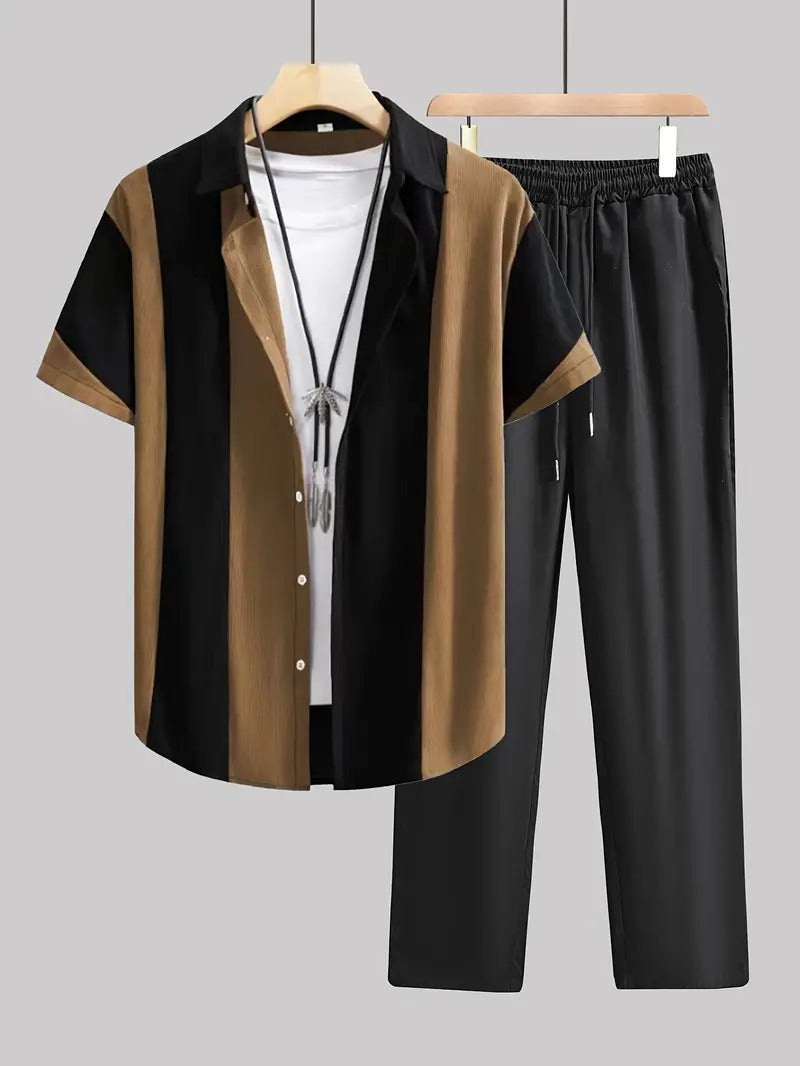 Casual Striped Short Sleeve Shirt Trousers Suit