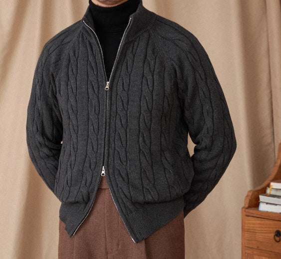 Pure Cotton Knitted British Thickened Twisted Double Zipper Cardigan