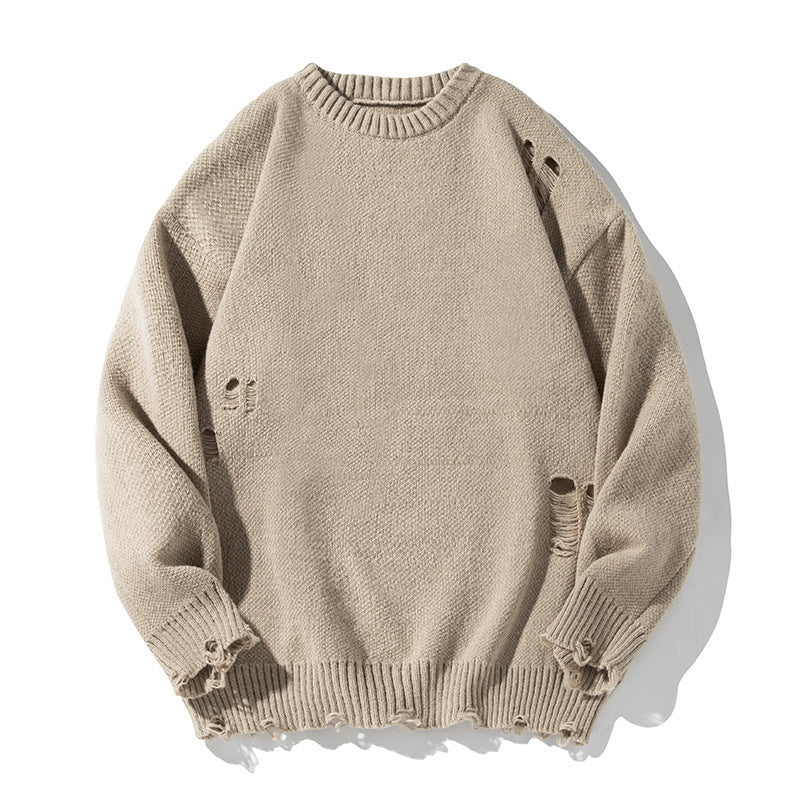 Retro Hollow-out Ripped Design Round Neck Sweater