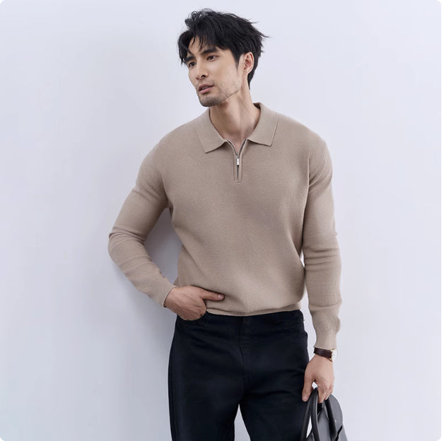 Men's Lapel Zipper Front Slim Pullover Sweater