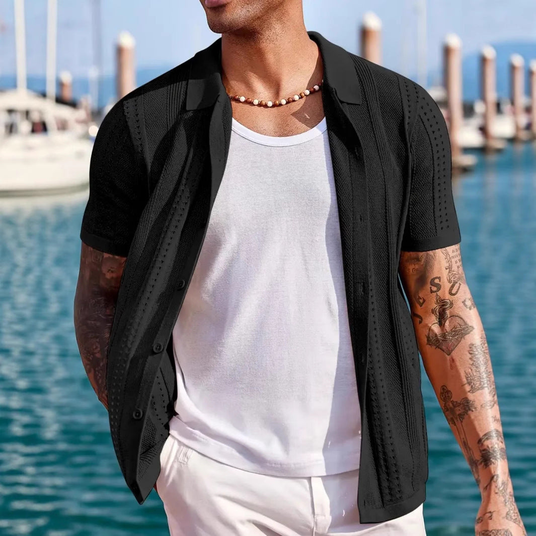 Knitted Cardigan Solid Color Breathable Men's Short-sleeved Shirt