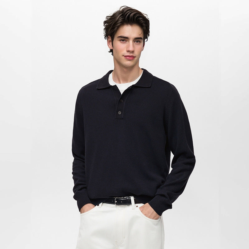 Long Sleeve Button Polo Shirt V-neck Business Men's Sweater