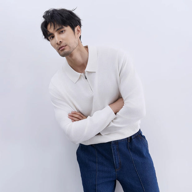 Men's Lapel Zipper Front Slim Pullover Sweater