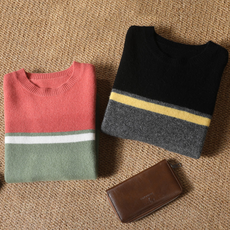 Striped Youth Pure Wool Men's Round Neck Loose sweater