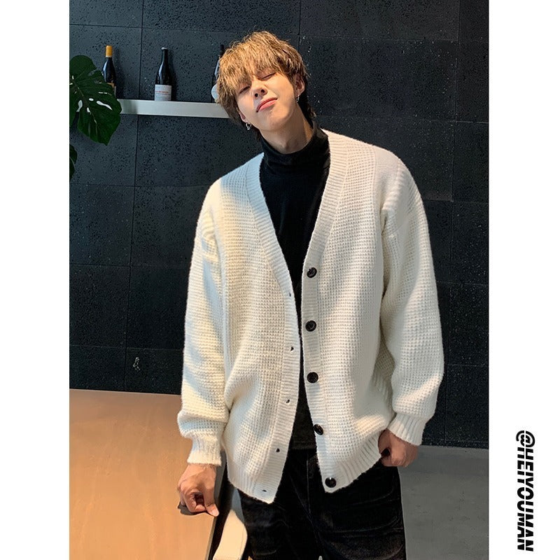 Retro Simple Solid Color And V-neck Men's Knitting Sweater