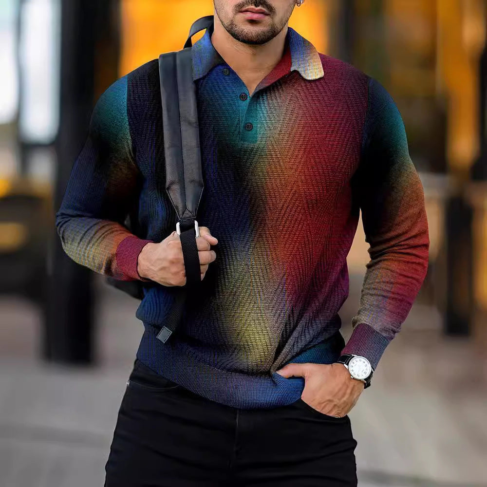 Men's Digital Printing Lapel Button Casual sweater