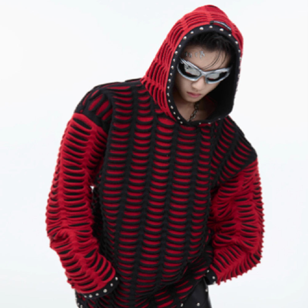 Contrast Color Knitted Hooded Sweatshirt With Metal Rivets