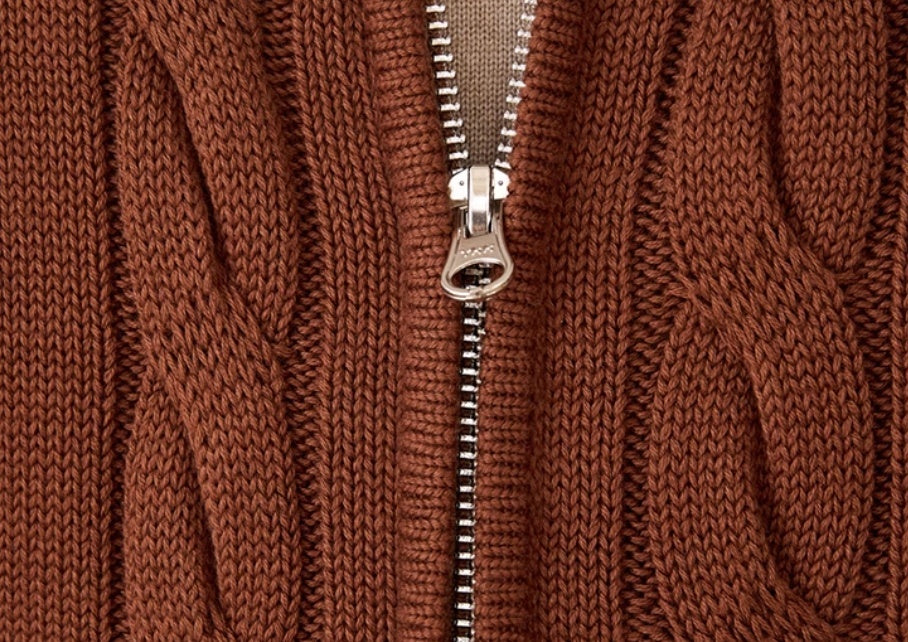 Pure Cotton Knitted British Thickened Twisted Double Zipper Cardigan