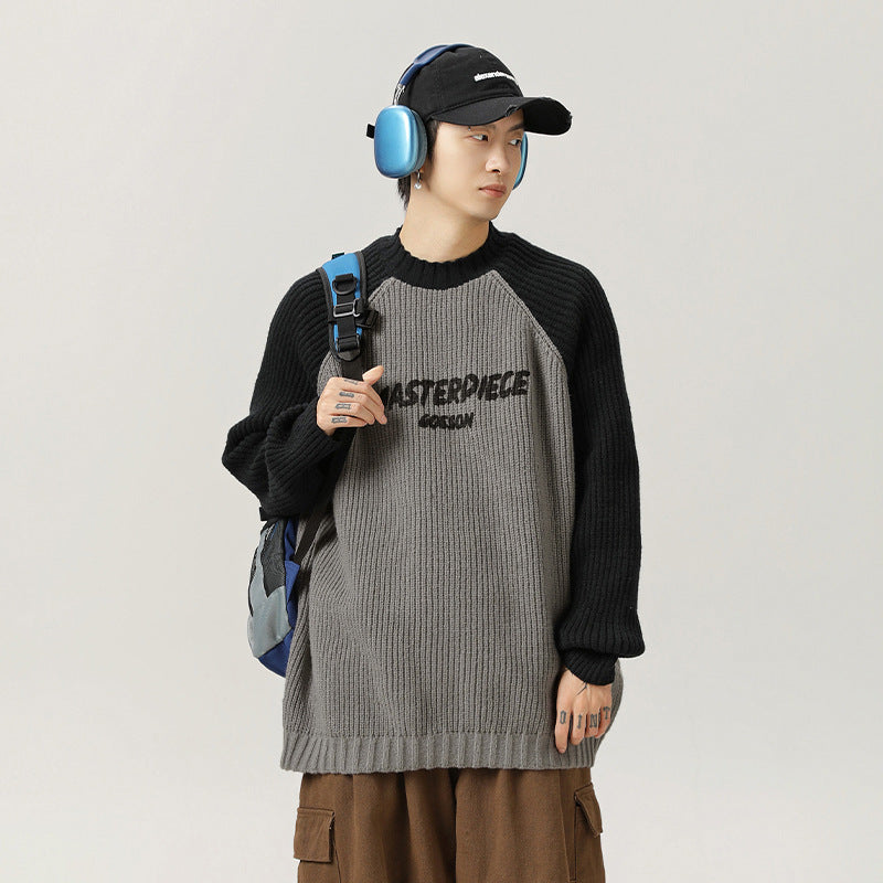 Raglan Sleeve Color Contrast Patchwork Design Sweater