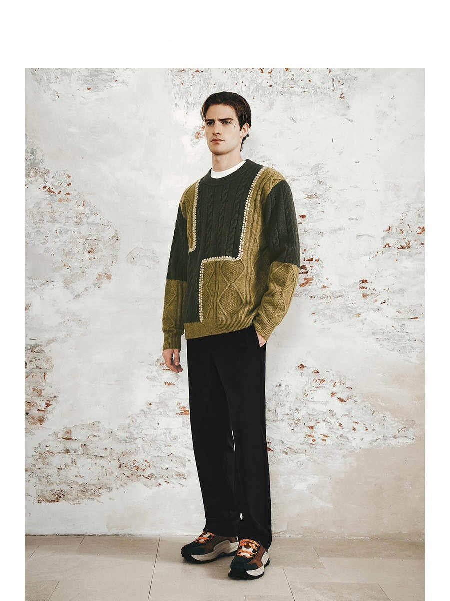 Men's Retro Casual Contrast Color Patchwork Round Neck Knitwear