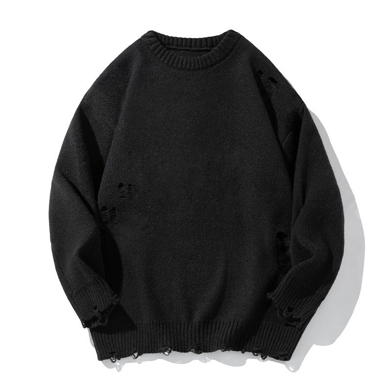 Retro Hollow-out Ripped Design Round Neck Sweater