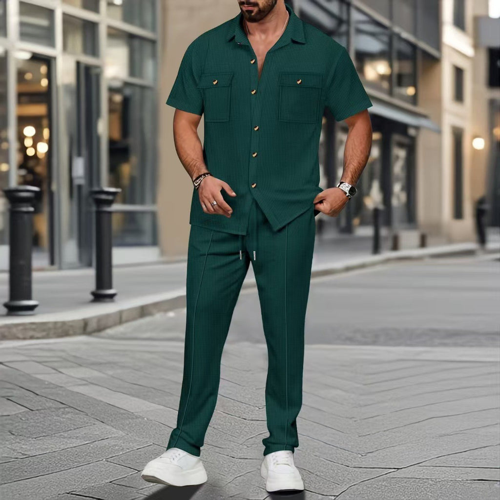 Buttons Pocket Short Sleeve shirt and Trousers Two-piece Set