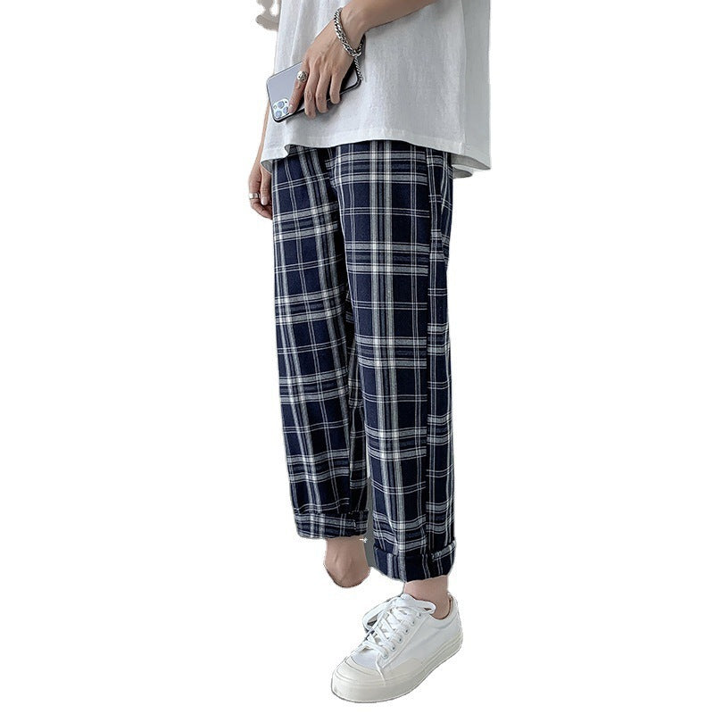 Men's Summer Loose Plaid Leisure Cargo Straight-leg Ankle-length Pants