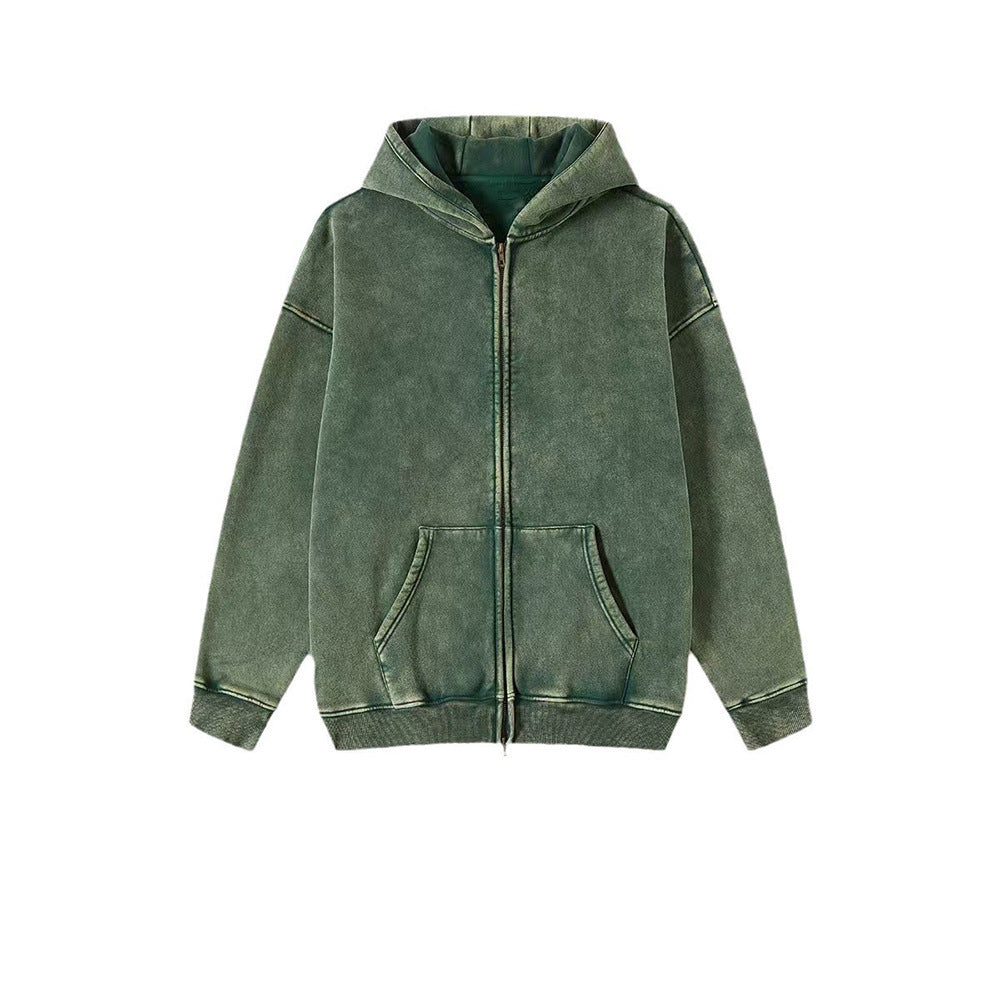 Washed Hooded Cardigan Vintage Fleece-lined Double Zipper Sweater