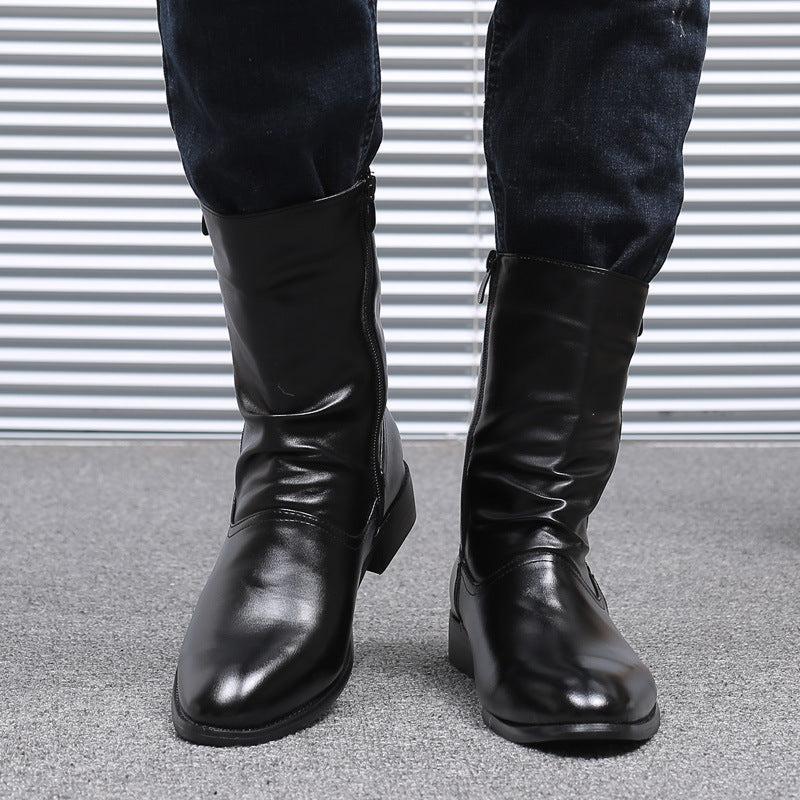 Pointed Leather Boots Men's British Korean High-top Leather Mid-calf Length boots