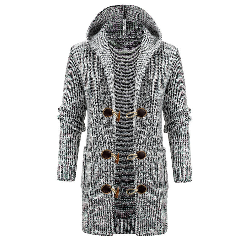 Cardigan Hooded Long Sweater With Horn Buttons